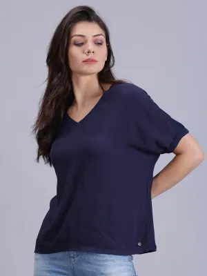 Women Solid Dark Blue V Neck Casual Tops