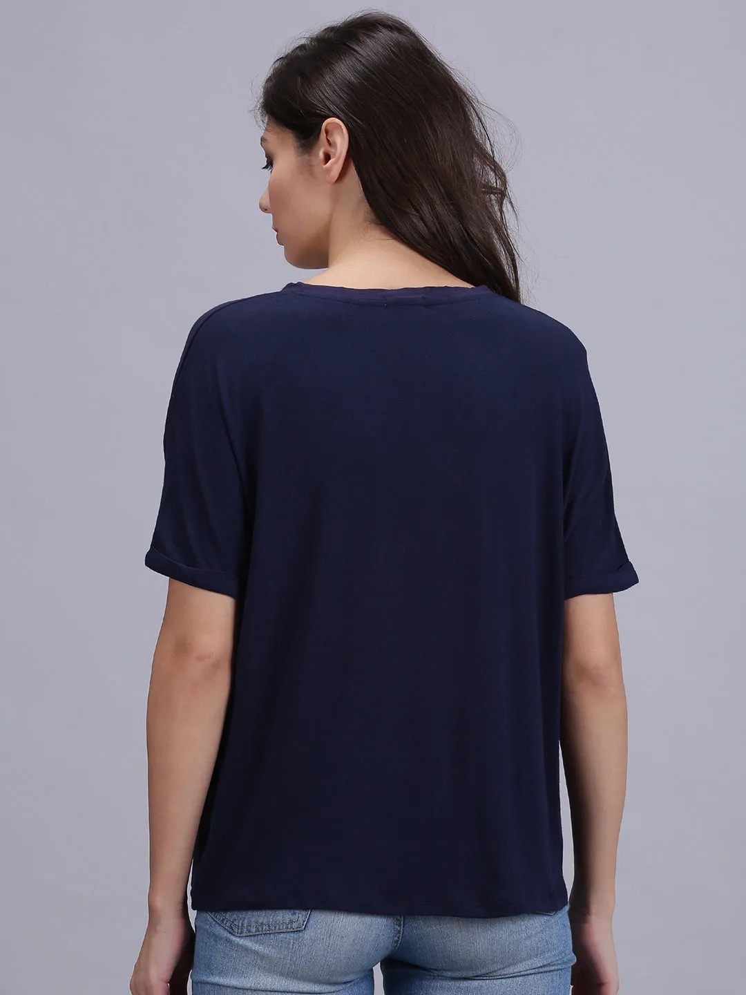 Women Solid Dark Blue V Neck Casual Tops