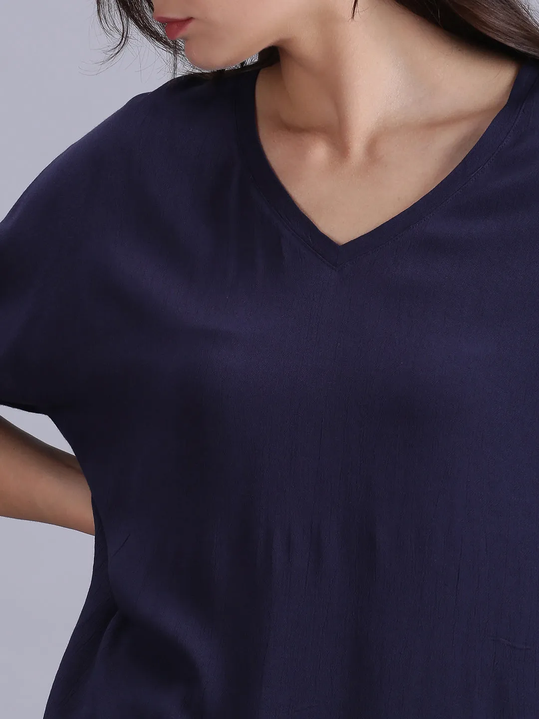 Women Solid Dark Blue V Neck Casual Tops