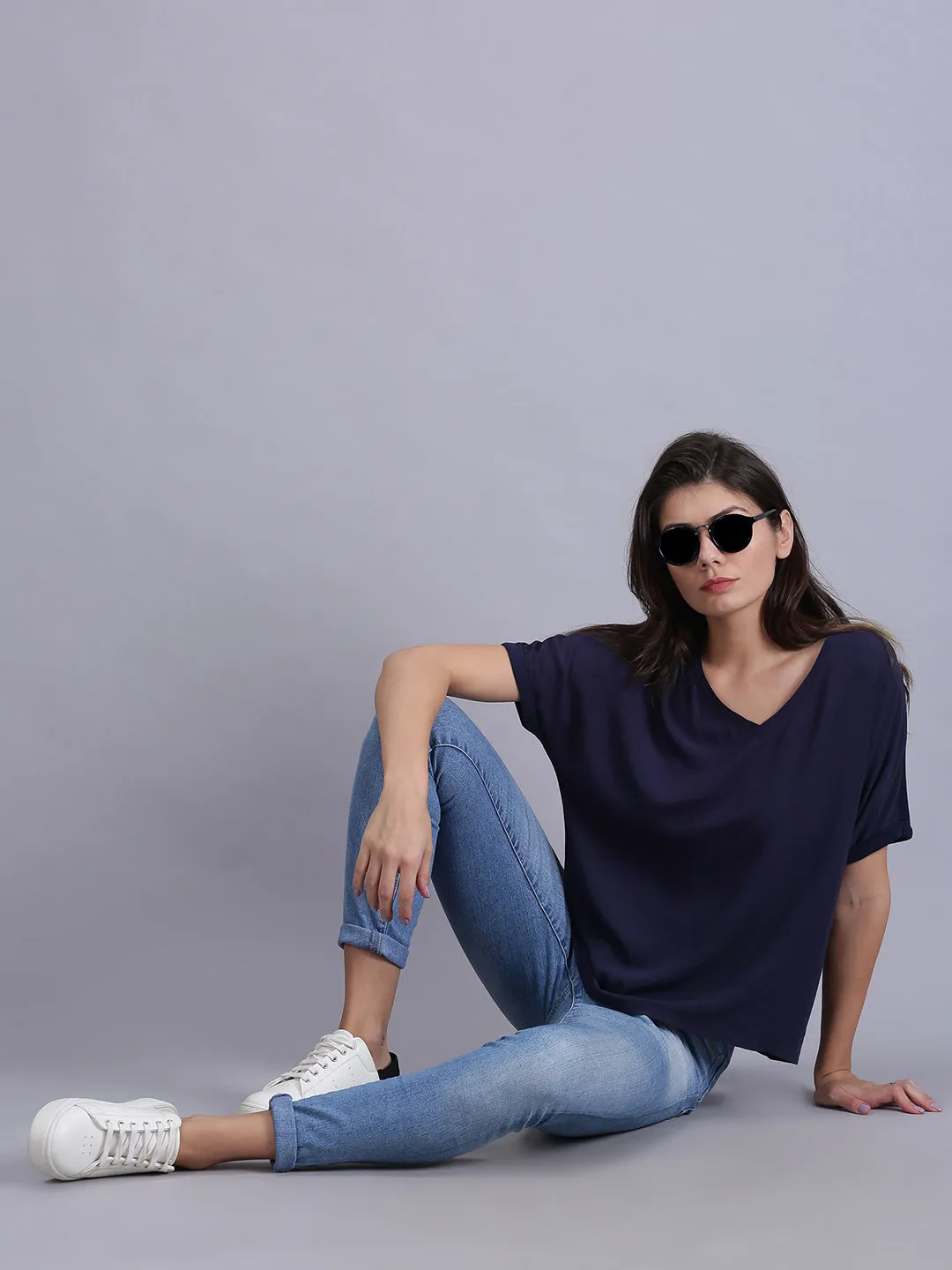 Women Solid Dark Blue V Neck Casual Tops