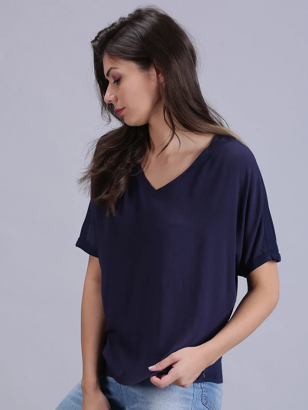 Women Solid Dark Blue V Neck Casual Tops