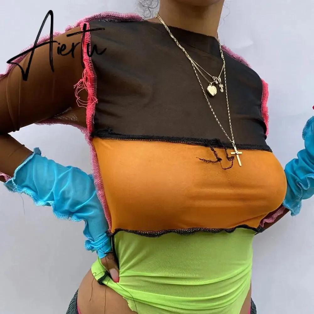 Women striped patchwork ribbons femme t-shirts Autumn o-neck long sleeve neon color casual streetwear fashion outfit