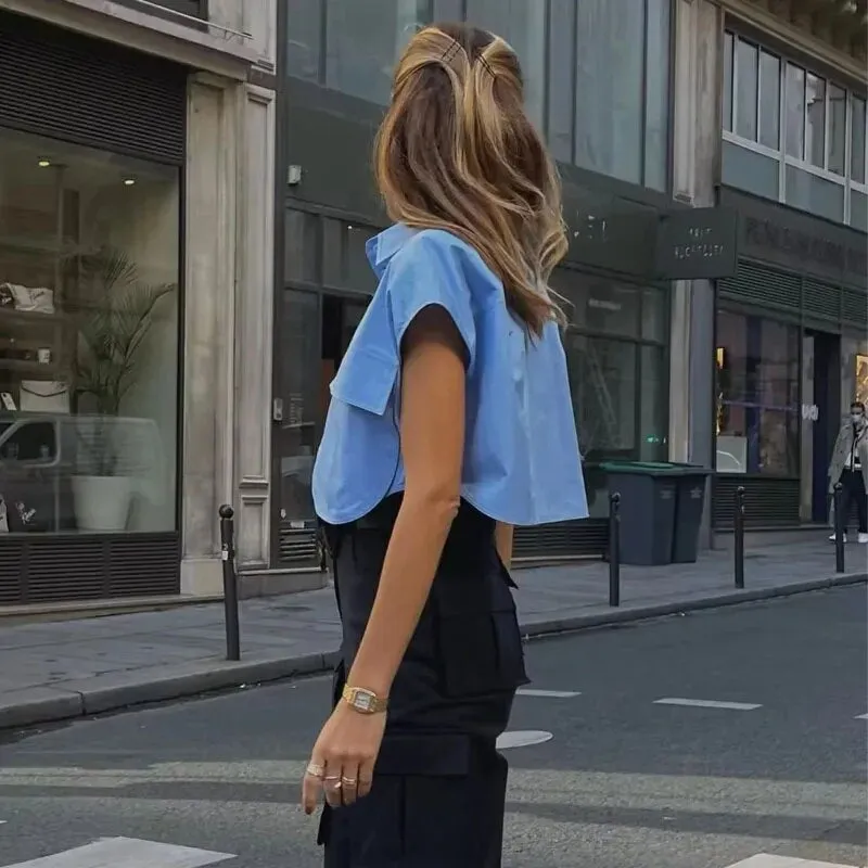 Women’s Cropped Button Shirt – Blue & White Elegant Short Sleeve Office Top