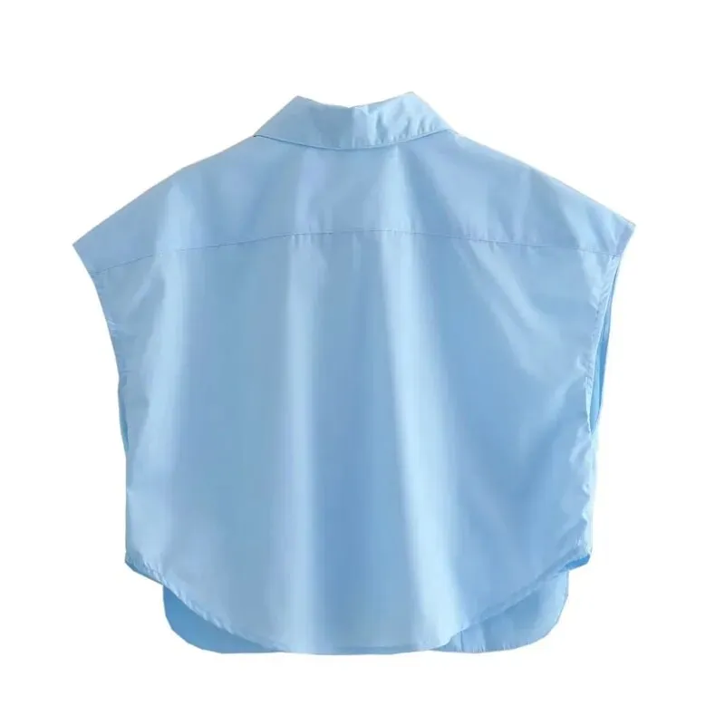 Women’s Cropped Button Shirt – Blue & White Elegant Short Sleeve Office Top