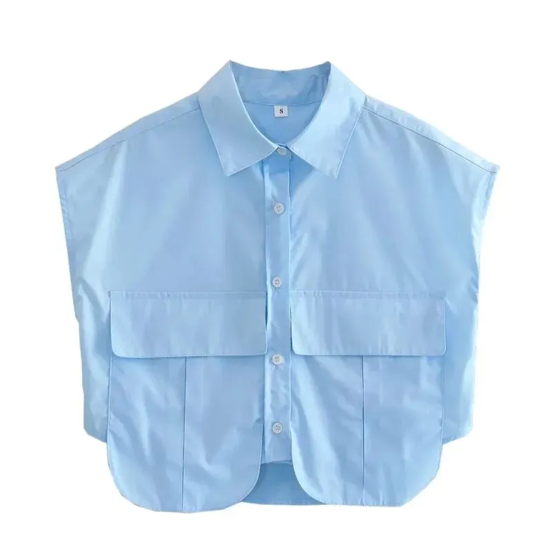 Women’s Cropped Button Shirt – Blue & White Elegant Short Sleeve Office Top