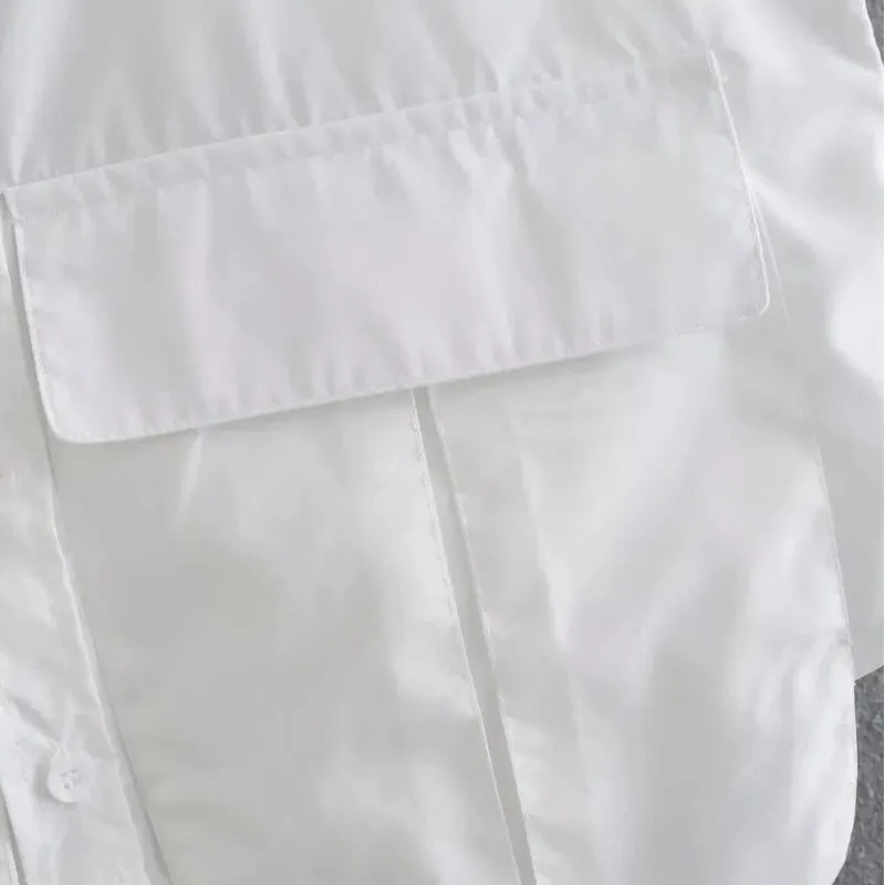 Women’s Cropped Button Shirt – Blue & White Elegant Short Sleeve Office Top