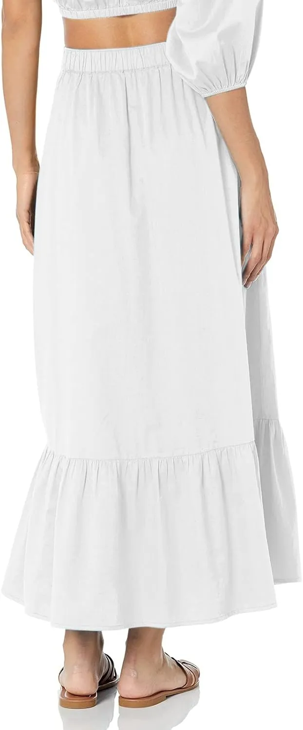 Womens Elastic High Waist A-Line Beach Maxi Skirt Ruffle A Line Swing Long Skirts Casual Summer Women Midi