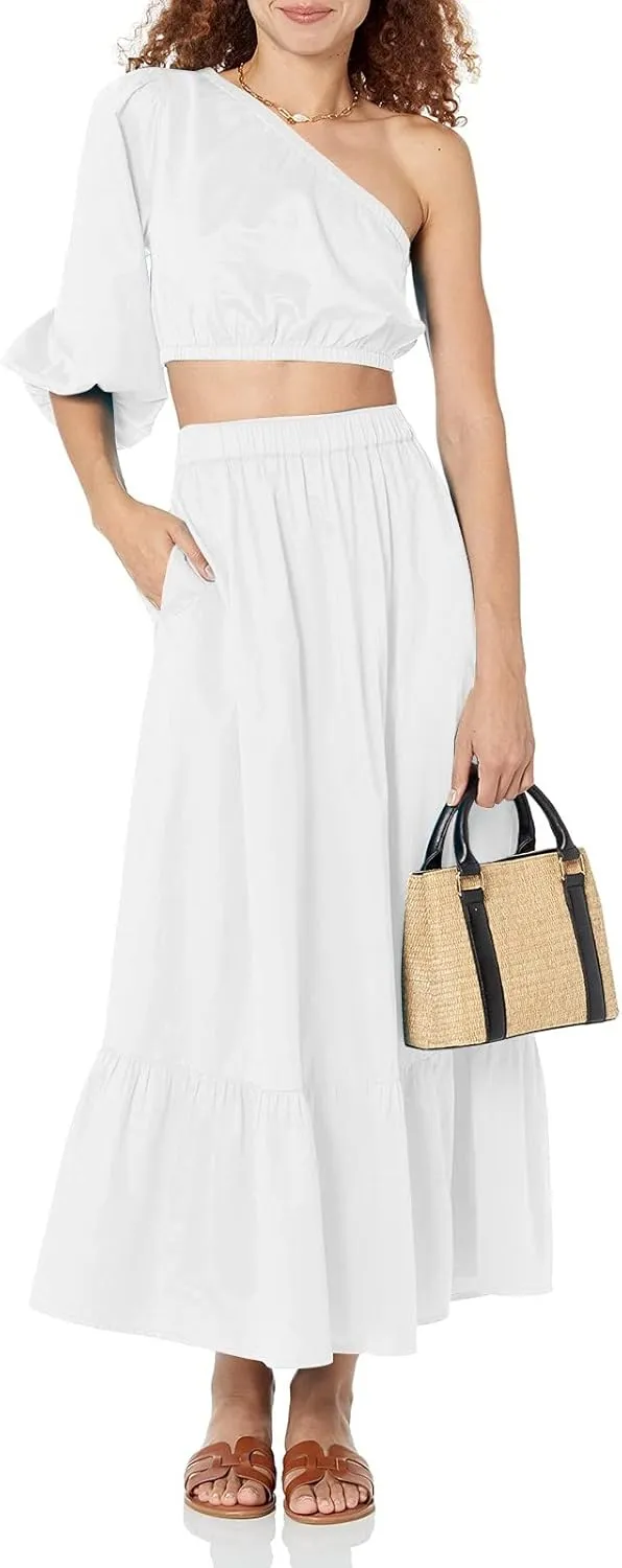 Womens Elastic High Waist A-Line Beach Maxi Skirt Ruffle A Line Swing Long Skirts Casual Summer Women Midi