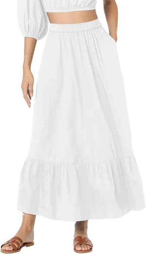 Womens Elastic High Waist A-Line Beach Maxi Skirt Ruffle A Line Swing Long Skirts Casual Summer Women Midi