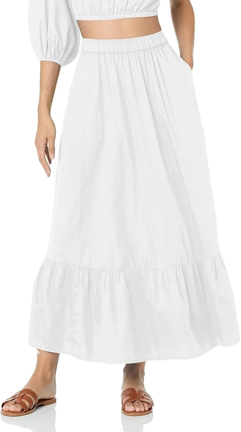Womens Elastic High Waist A-Line Beach Maxi Skirt Ruffle A Line Swing Long Skirts Casual Summer Women Midi