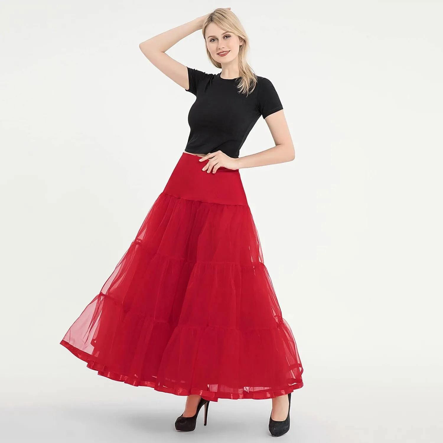 Womens Elastic High Waist Tutu Tulle Tiered Skirt Floor Length Layered Ruffles Mesh A Line Wedding Petticoat