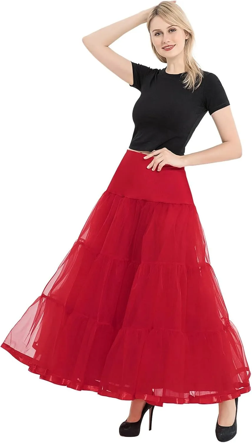 Womens Elastic High Waist Tutu Tulle Tiered Skirt Floor Length Layered Ruffles Mesh A Line Wedding Petticoat