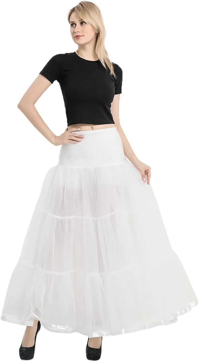 Womens Elastic High Waist Tutu Tulle Tiered Skirt Floor Length Layered Ruffles Mesh A Line Wedding Petticoat