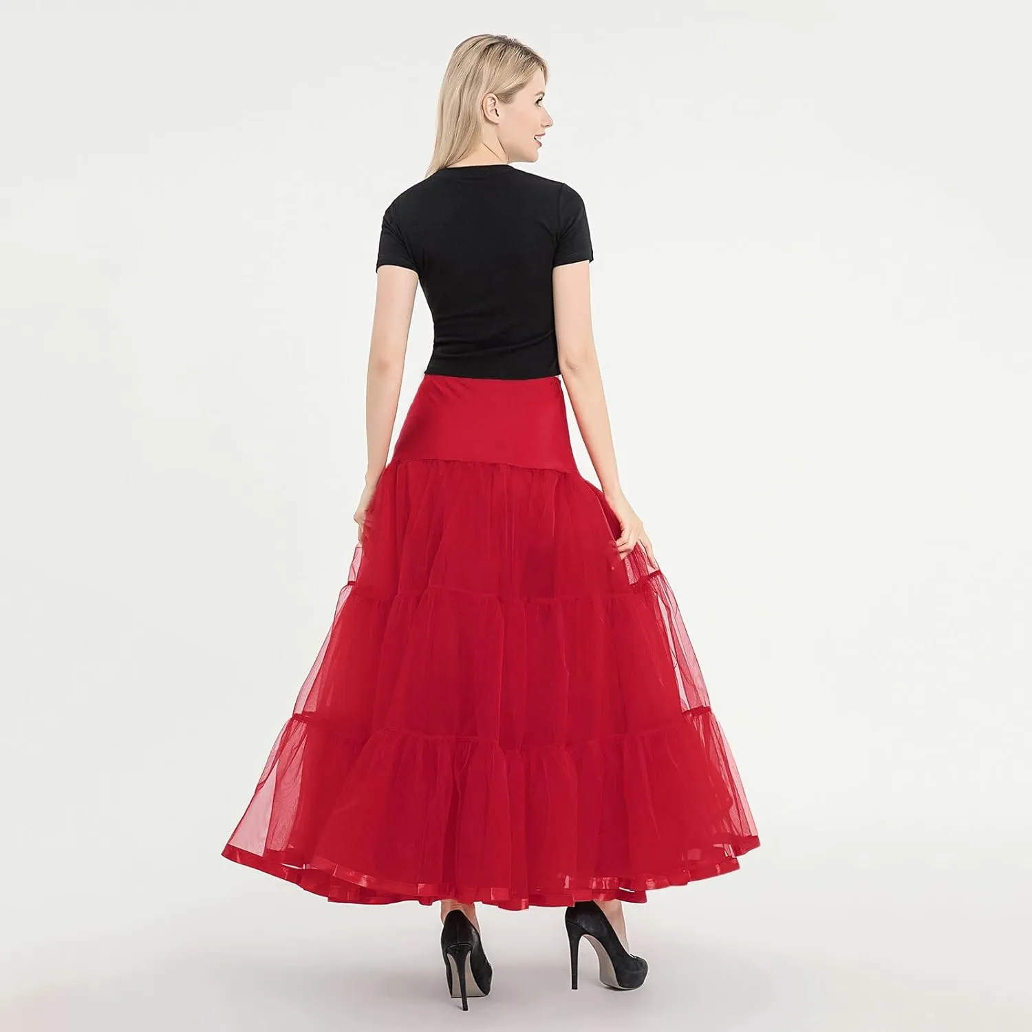 Womens Elastic High Waist Tutu Tulle Tiered Skirt Floor Length Layered Ruffles Mesh A Line Wedding Petticoat