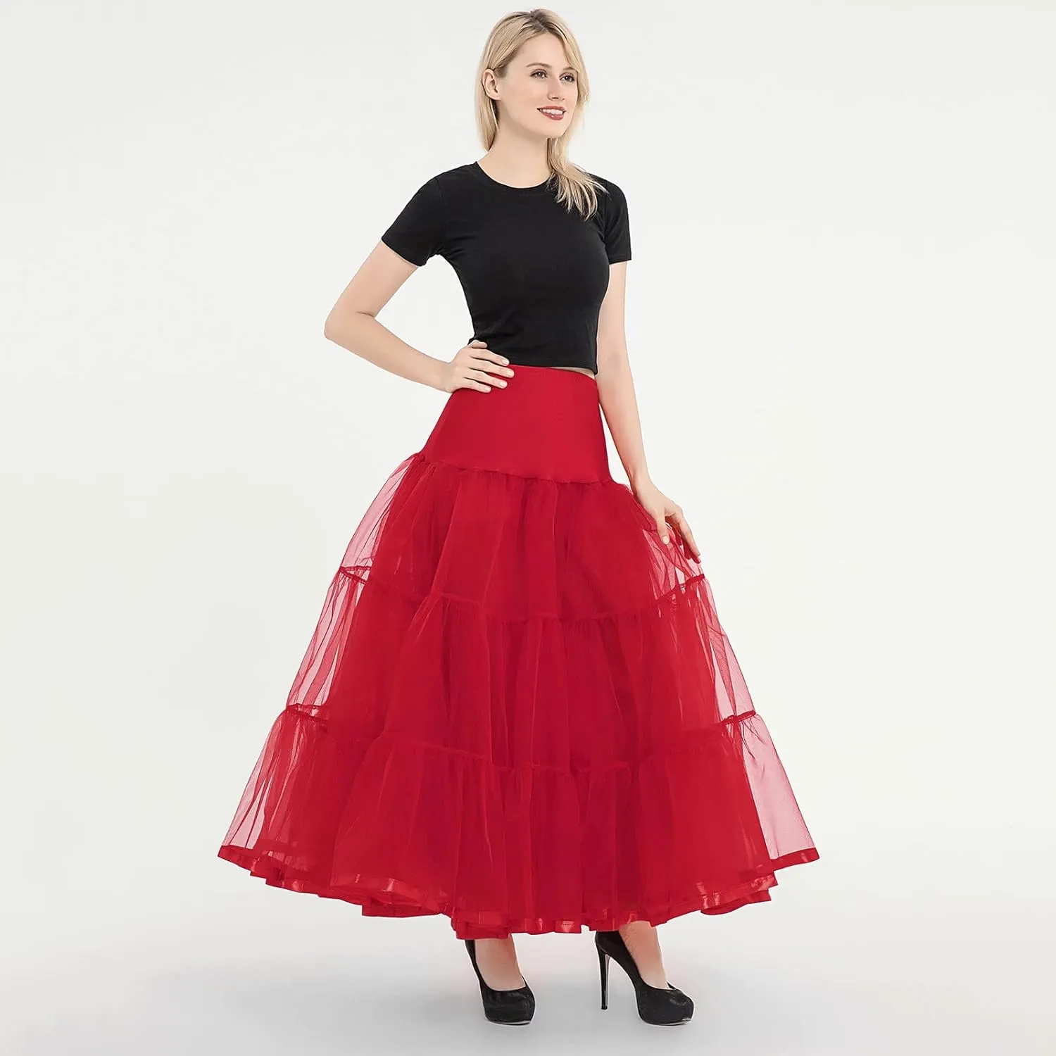 Womens Elastic High Waist Tutu Tulle Tiered Skirt Floor Length Layered Ruffles Mesh A Line Wedding Petticoat