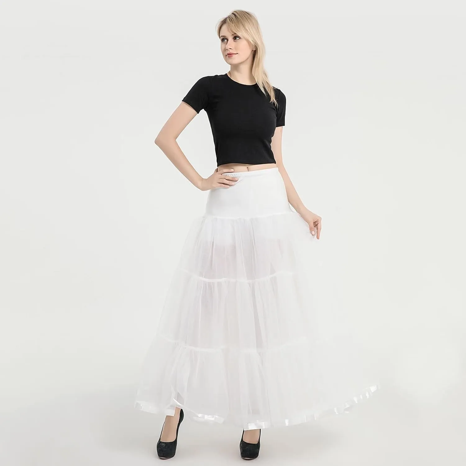 Womens Elastic High Waist Tutu Tulle Tiered Skirt Floor Length Layered Ruffles Mesh A Line Wedding Petticoat