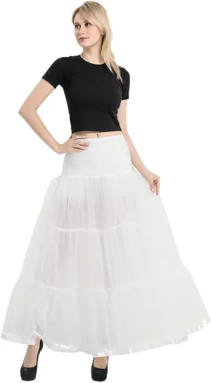 Womens Elastic High Waist Tutu Tulle Tiered Skirt Floor Length Layered Ruffles Mesh A Line Wedding Petticoat