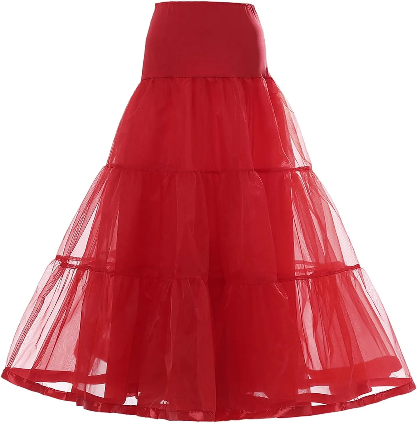 Womens Elastic High Waist Tutu Tulle Tiered Skirt Floor Length Layered Ruffles Mesh A Line Wedding Petticoat