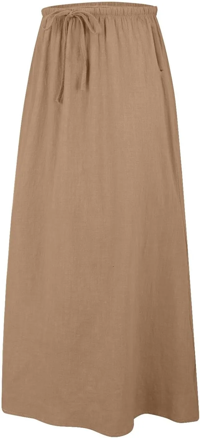 Womens Linen Skirt ummer Casual Maxi Skirt Drawstring Low Rise A-Line Flowy Boho Beach Vacation Outfits