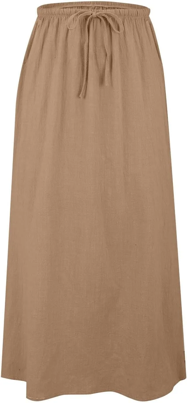 Womens Linen Skirt ummer Casual Maxi Skirt Drawstring Low Rise A-Line Flowy Boho Beach Vacation Outfits