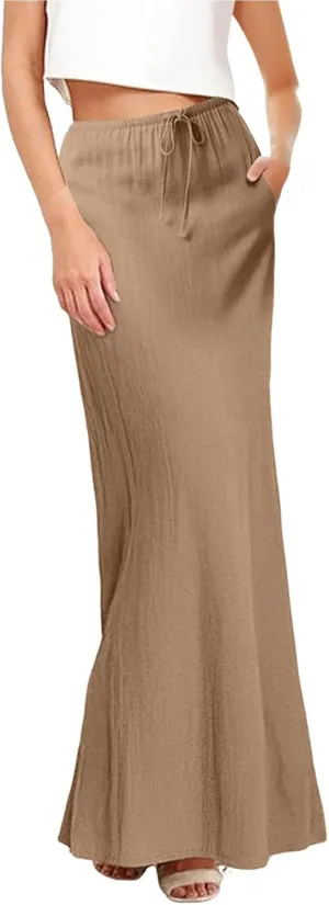 Womens Linen Skirt ummer Casual Maxi Skirt Drawstring Low Rise A-Line Flowy Boho Beach Vacation Outfits