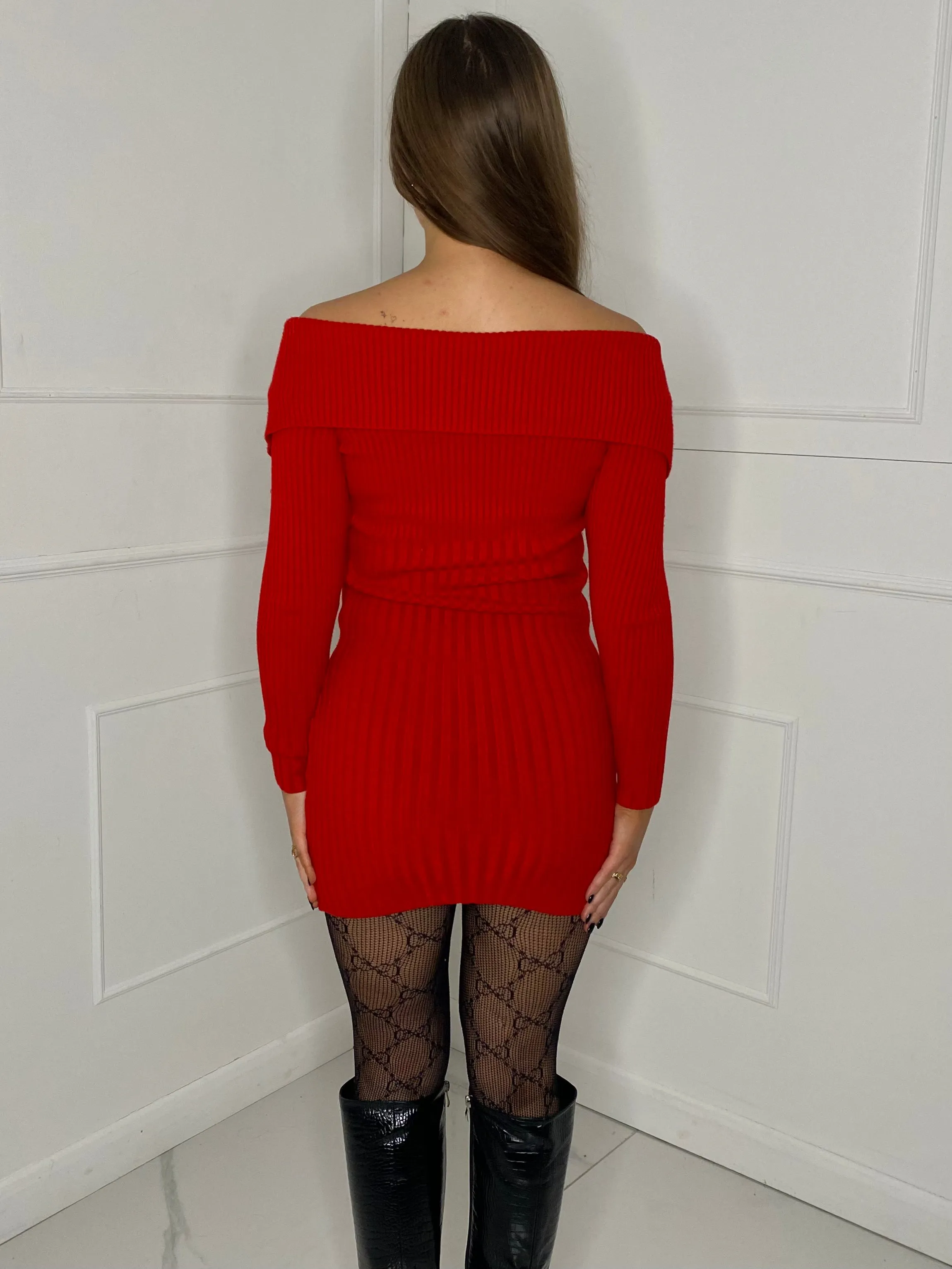 Zip Front Ribbed Fold Over Dress - Red
